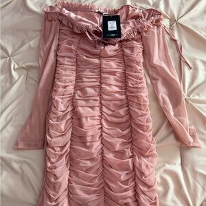 Fashion Nova Blush Ruched Mesh Dress